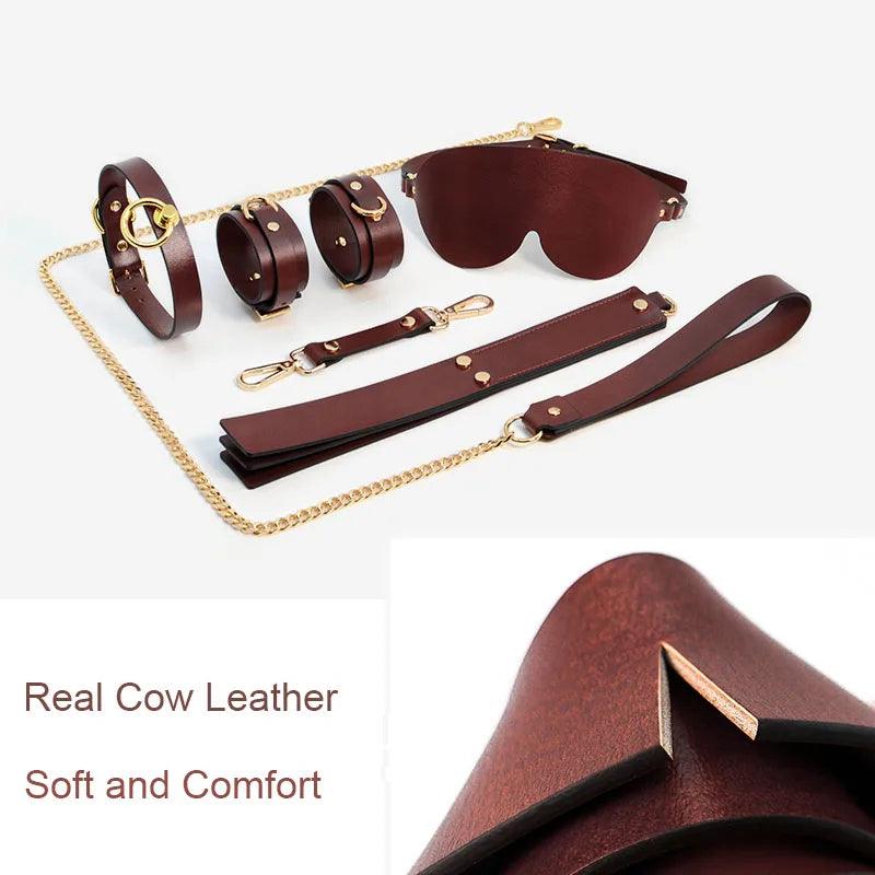 Genuine Leather Bondage Kits Sex Toys Sex Game for Couples Handcuff Ankle Cuffs Collar Gag Hogtie - propinkup